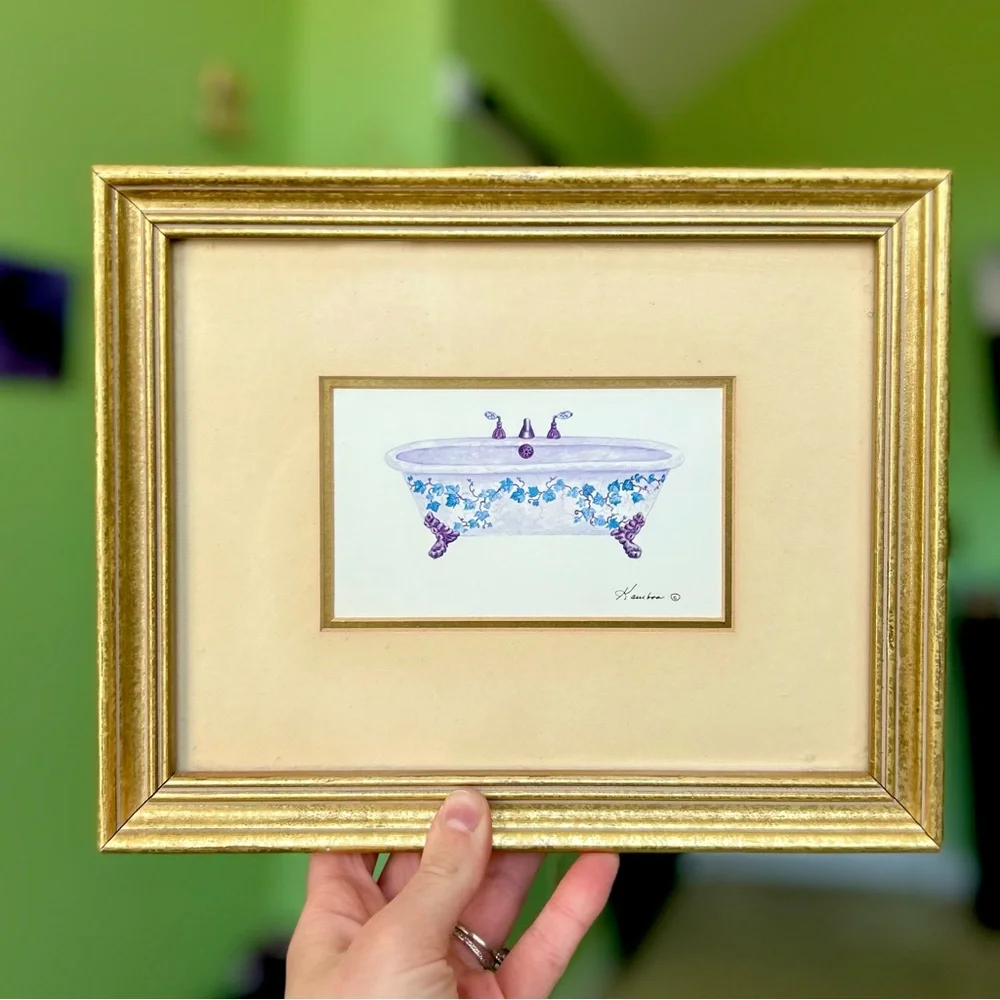 Vintage Framed Bathroom Bathtub Floral Vine Claw Foot Tub Wall Hanging Art - Picture 3 of 4